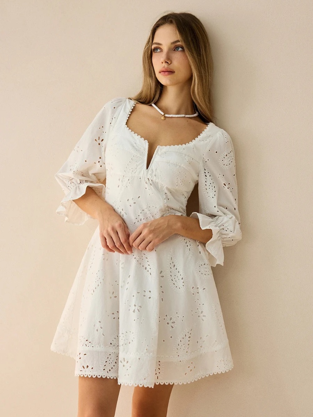 Commense Cotton Scalloped Edge Eyelet Mini Dress